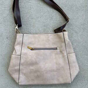 Cream and Brown Structured Shoulder Bag with Gold Accents